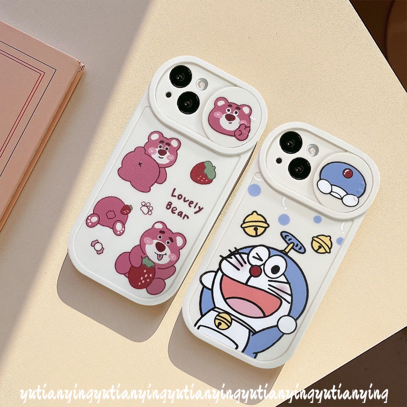 Strawberry Bear Lotso Cartoon Funny Dinosaur Camera Lens Protector Case Compatible for IPhone XR XS X Max 11 13 12 Pro Max 7Plus 8Plus Push Pull Window Lovely Doraemon Cover