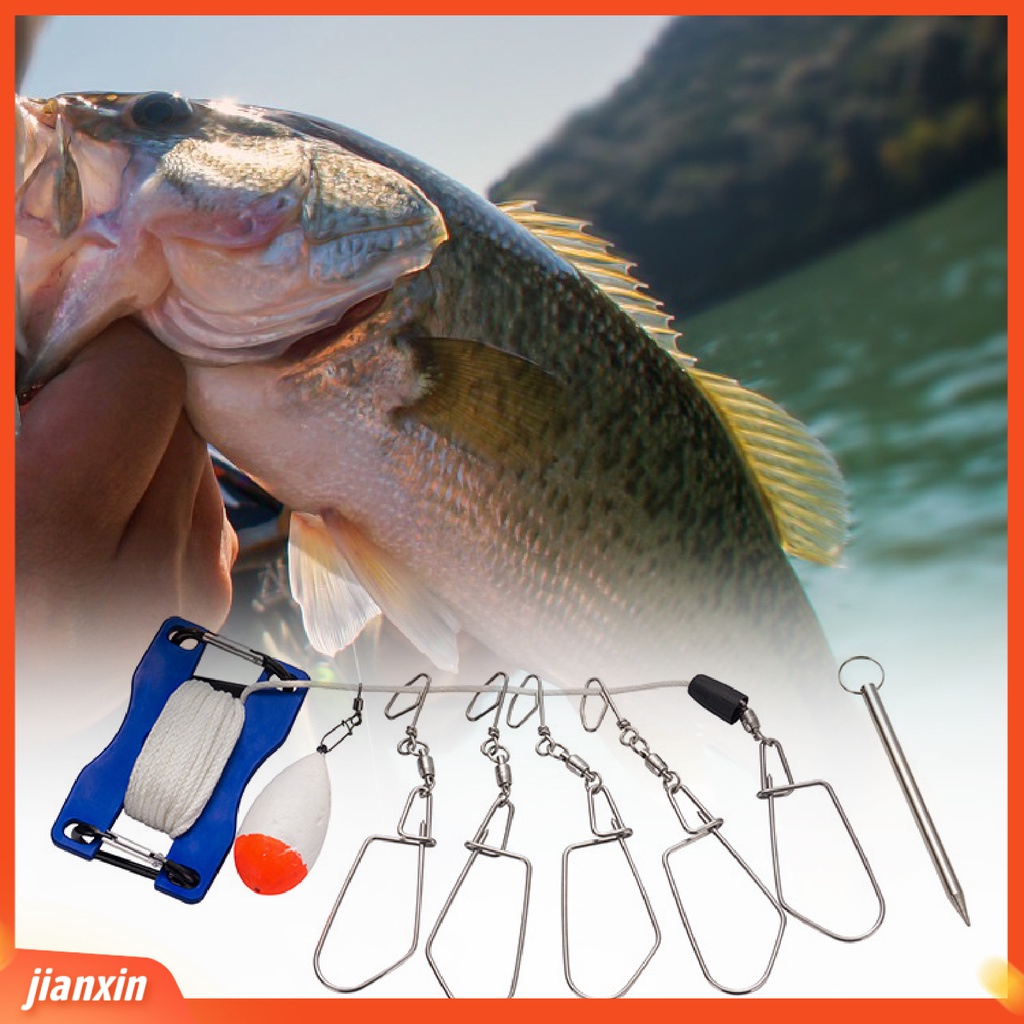 (In Stock) Outdoor Fishing Lure Stringer Stainless Steel Pengunci Gesper Ikan Klip Lock Hook Dengan Tali Pelampung