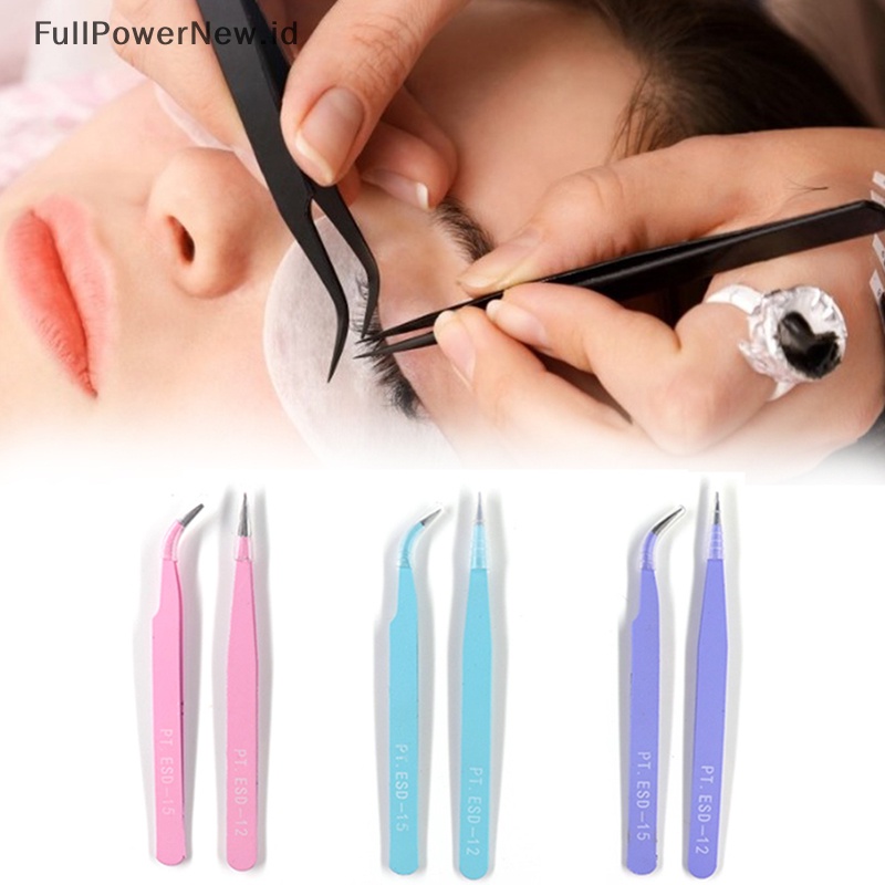 Power 2PCS Pinset Ekstensi Bulu Mata Stainless Steel Curved Straight Lashes Tweezer ID