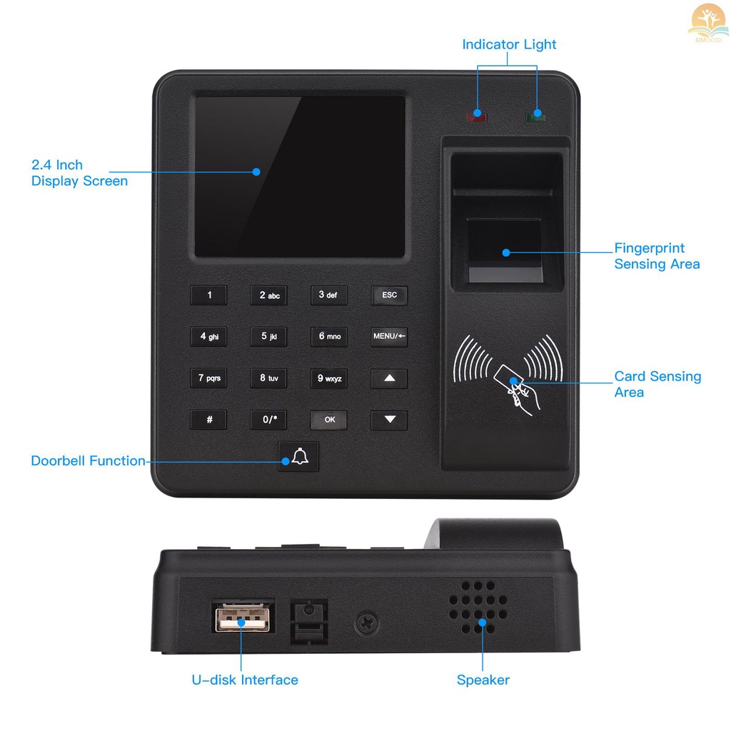 In Stock Mesin Absensi Kontrol Akses Fingerprint /Password/ ID Card Recognition Time Clock Dengan Layar Display 2.4 Inch Perekam Cek-in Recorder Multi Bahasa Dukungan