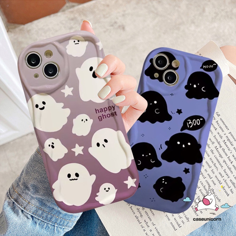 Kartun Lucu Hitam Putih Hantu Kecil Pasangan Case Untuk Redmi Note12 10 8 11 9 10s 11s Pro Max Redmi 10C 10A 9T 9 A1 9C NFC A2 A9 POCO M3 Bintang Doodle 3D Wavy Curved Edge Soft Cover