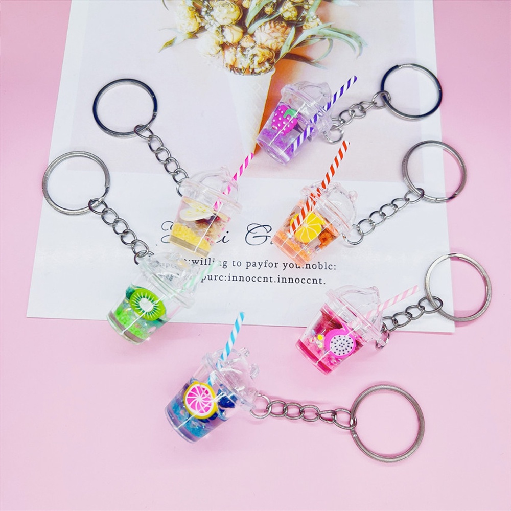 Kreatif Susu Cangkir Teh Bercahaya Gantungan Kunci Trendi Akrilik Buah Slice Isi Keyrings Bag Charms Aksesoris Gantungan Kunci Mobil Hadiah