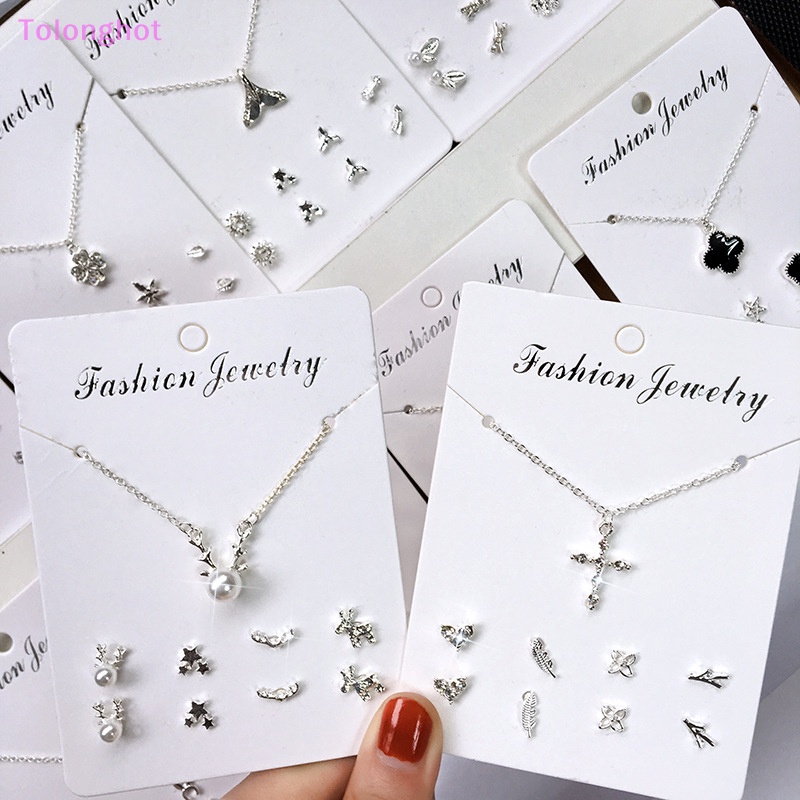 Tolonghot&gt; Korea Trendi Zirkon Liontin Kalung Dengan 4pasang Anting Stud Fashion Perhiasan Set Sederhana Warna Perak Klavikula Rantai Telinga Stud well