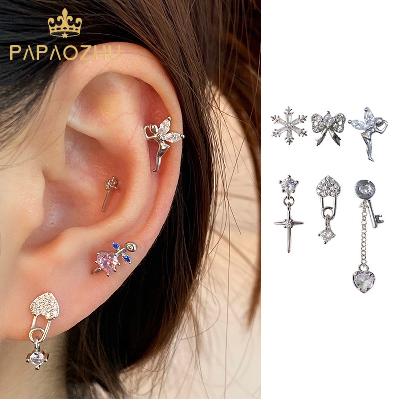 Papaozhu 1pasang Punk S925 Perak Berkilau Zirkon Peri Rumbai Kunci Anting Tindik Untuk Wanita Trendi Snowflake Cross Bow Ear Perhiasan Hadiah