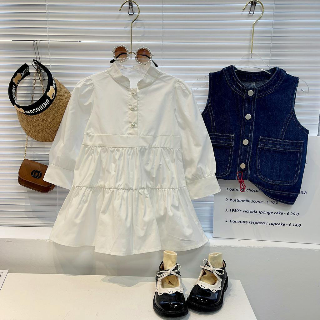 CHUBBI 2 Dress Gaun Anak Putih + Rompi Jeans