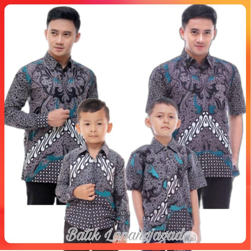 Kemeja Batik Anak Laki-Laki Lengan Panjang Couple Batik Ayah dan Anak Cowok warna Abu Abu bn