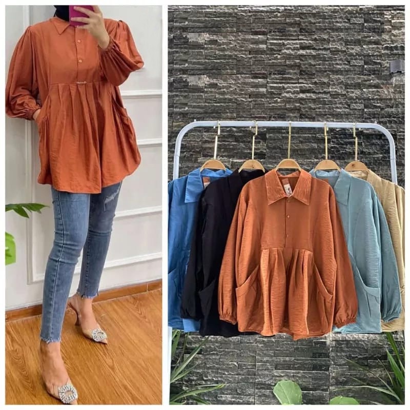R.A SHOPING - ZEC OOTD WANITA HEM INAS / Kemeja Kangguru CRINCLE / pakaian kekinian wanita / atasan 