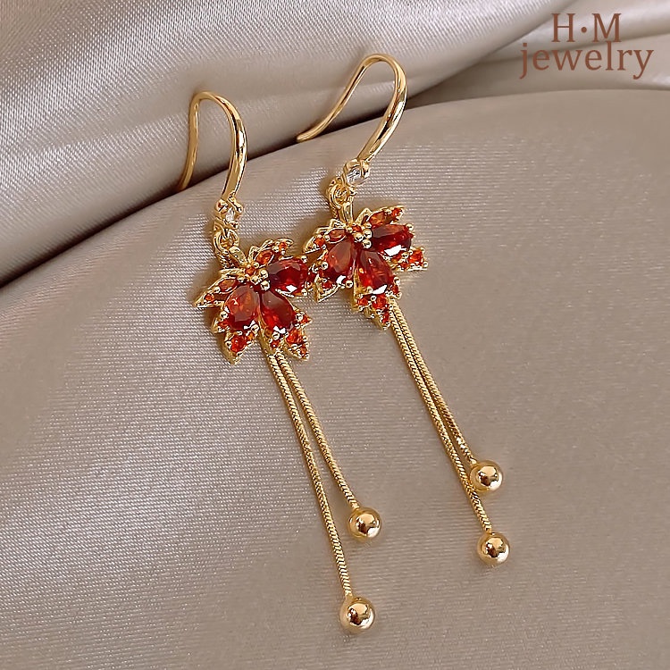 Anting Rumbai Daun Maple Perak S9252023Merah Gaya Baru Anting Bermutu Tinggi