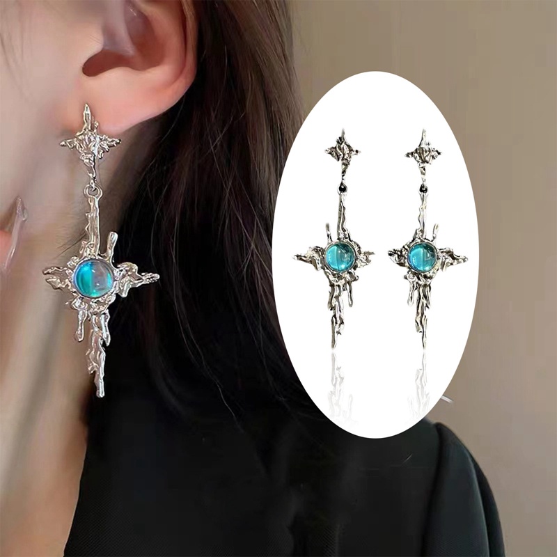 Tidak Teratur Logam Cair Salib Moonstone Menjuntai Anting-Anting Gadis Muda Tren Logam Salib Moonstone Tetes Anting-Anting