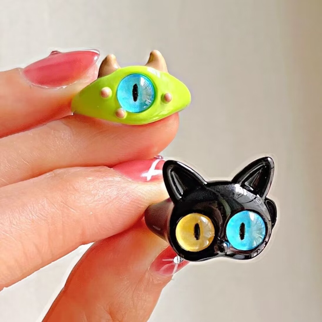 Cincin Monster Kecil Kucing Hitam Lucu Mata Besar Manis Keren Kartun Lucu Pacar Pasangan Cincin Hadiah Perhiasan