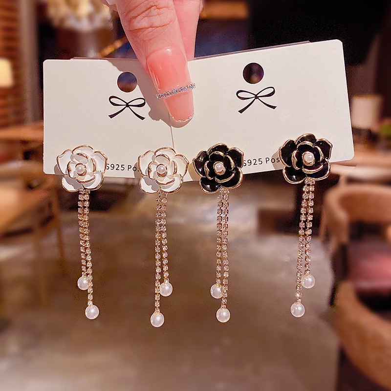 S925 Perak Jarum Camellia Bunga Rumbai Anting Korea Baru Panjang Mutiara Pendant Earrings