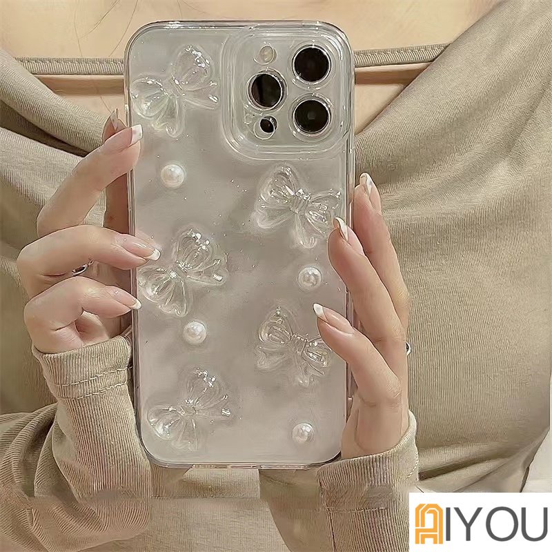 Soft Case 3D Laser Bow Glitter Bening Mewah Untuk iPhone 13 Pro Max12 11 Mini X XS XR 78 Plus SE 2020 Bling Transparan Cover