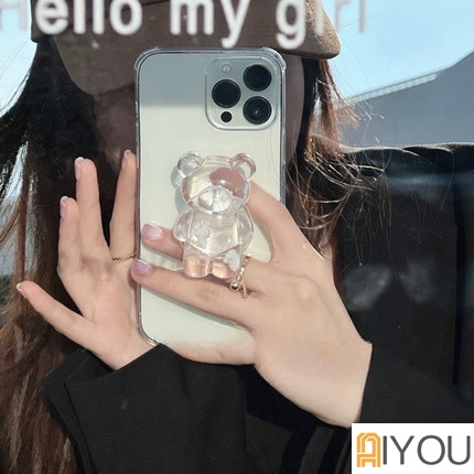 IPHONE Cute Bear Clear Ring Holder bracket Casing Ponsel Silikon Lembut Untuk Iphone14 13 12 11 Pro Max XR X XS 6 7 8 Plus SE Mini bumper Cover