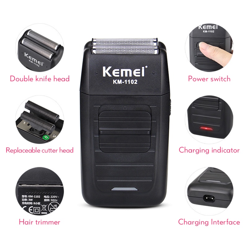 Kemei KM-1102 Elektrik Rechargeable Cordless Shaver Wireless Razor Double Blade