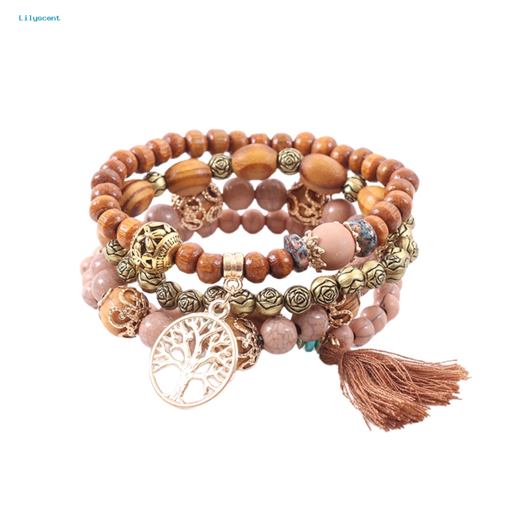 Lilyscent 4 Pcs Unisex Fashion Manik-Manik Kayu Rumbai Untai Bangle Gelang Perhiasan Hadiah
