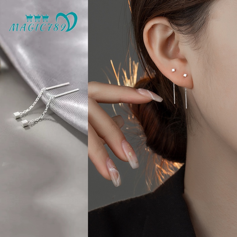 Magic789 Korea Kecil Perak Persegi Rumbai Rantai Menjuntai Anting Untuk Wanita Gadis Temperamen Geometris Drop Earrings Perhiasan Telinga Sederhana