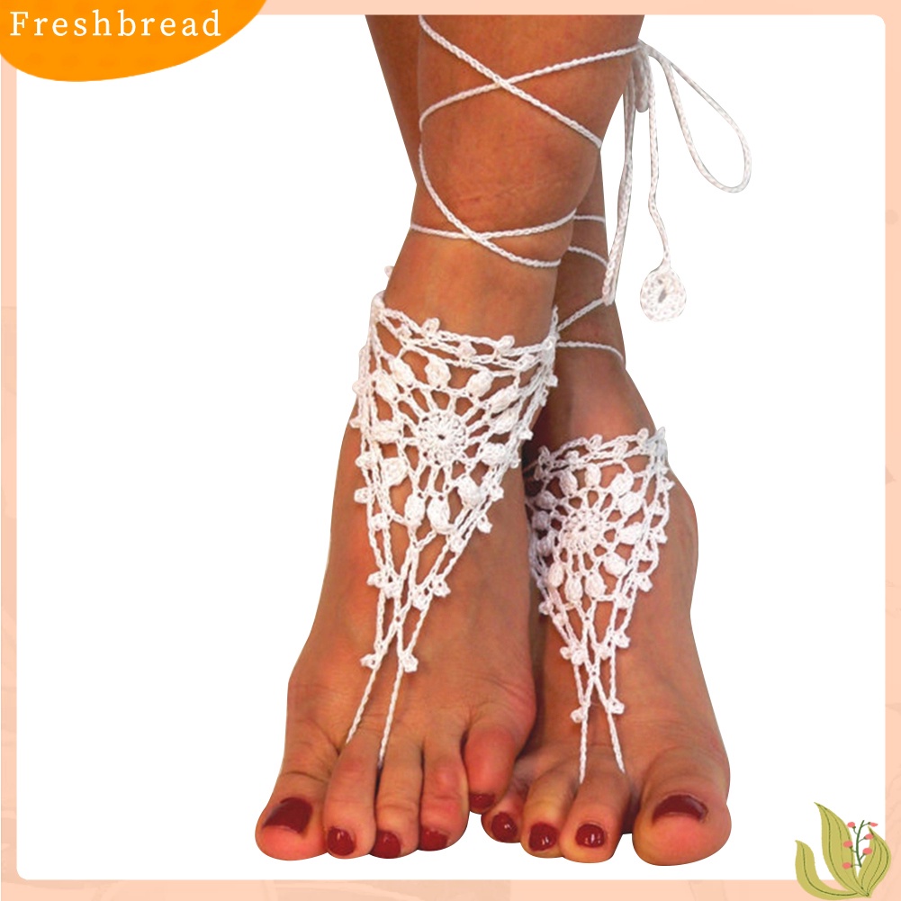 &lt; Freshbread &gt; Katun Rajut Crochet Barefoot Sandal Pantai Gelang Kaki Rantai Wanita Foot Bracelet