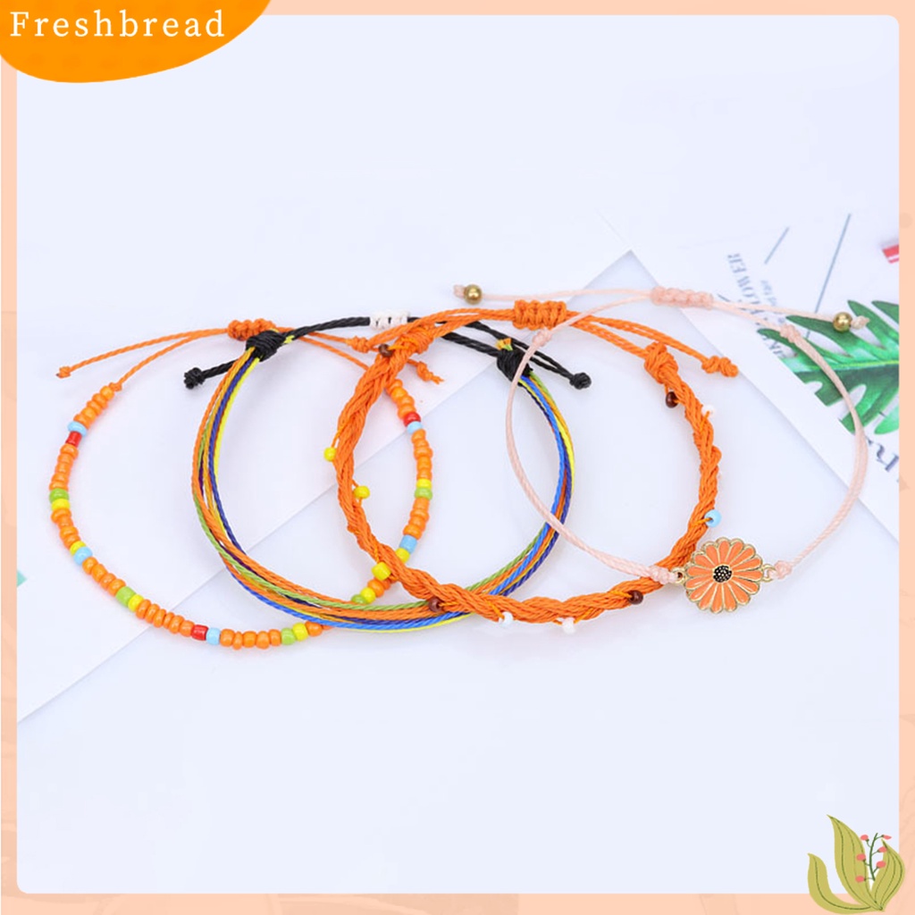 &lt; Freshbread &gt; 4Pcs Wanita Gelang Gaya Bohemian Paduan Tahan Air Tenun Tangan Gelang Braided Bangle Dengan Liontin Set Hadiah Ulang Tahun