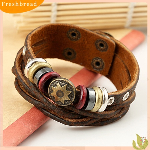 &lt; Freshbread &gt; Pria Vintage Braided Gelang Kulit Punk Bintang Tali Multilayer Warp Cuff Bangle