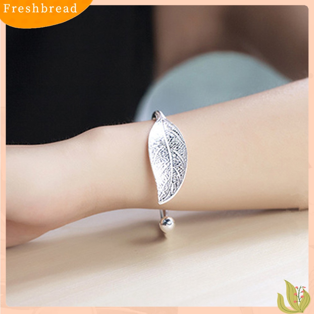 &lt; Freshbread &gt; Gelang Daun Sederhana Bersinar Adjustable Pembukaan Ujung Perak Disepuh Hias Hadiah Wanita Leaf Bangle Wrist Cuff Jewelry Untuk Pernikahan