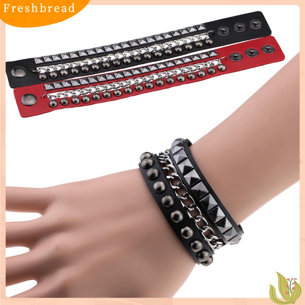 &lt; Freshbread &gt; Berlapis Wanita Punk Rock Rivet Gelang Bertabur Kulit Imitasi Rantai Logam Bangle