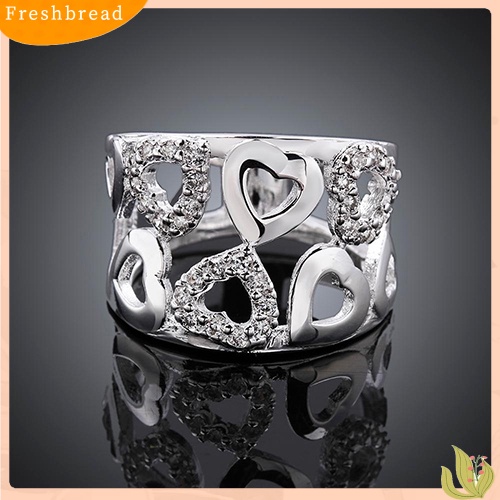 &lt; Freshbread &gt; Wanita925 Sterling Silver Disepuh Berlian Imitasi Lebar Band Cluster Berongga Jantung Cincin