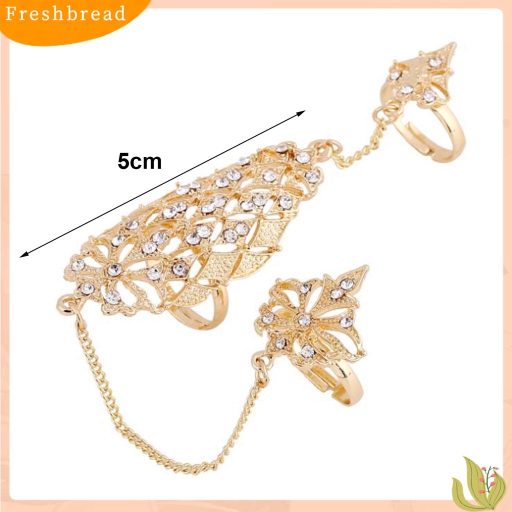 &lt; Freshbread &gt; Opening Ring Berlian Imitasi Tertanam Alloy Warna Emas Berlubang-out Leaf Dual Finger Chain Ring Untuk Pacaran