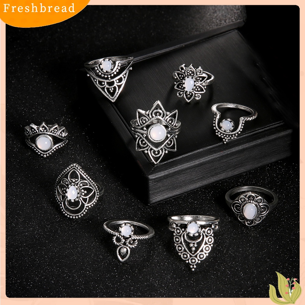 &lt; Freshbread &gt; 9Pcs/Set Retro Wanita Berongga Bunga Faux Gemstone Knuckle Midi Susun Rings Set