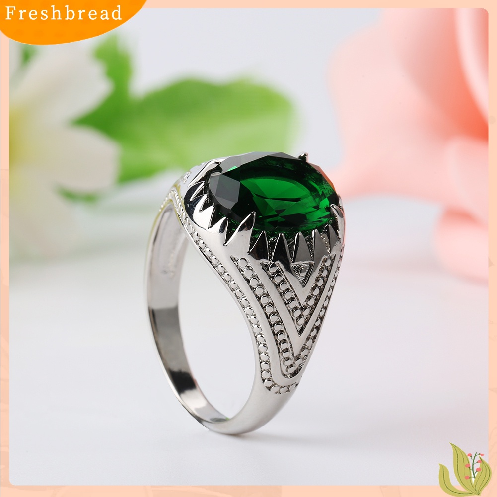 &lt; Freshbread &gt; Fashion Keren Oval Zamrud Hijau Berlian Imitasi Paduan Jari Cincin Pria Perhiasan Hadiah