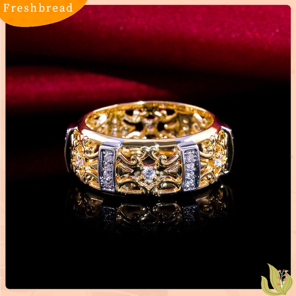 &lt; Freshbread &gt; Wanita Cincin Gaya Vintage Berongga Ukiran Dua Warna Kuno Bling Cubic Zirconia Ladies Finger Ring Fashion Jewelry