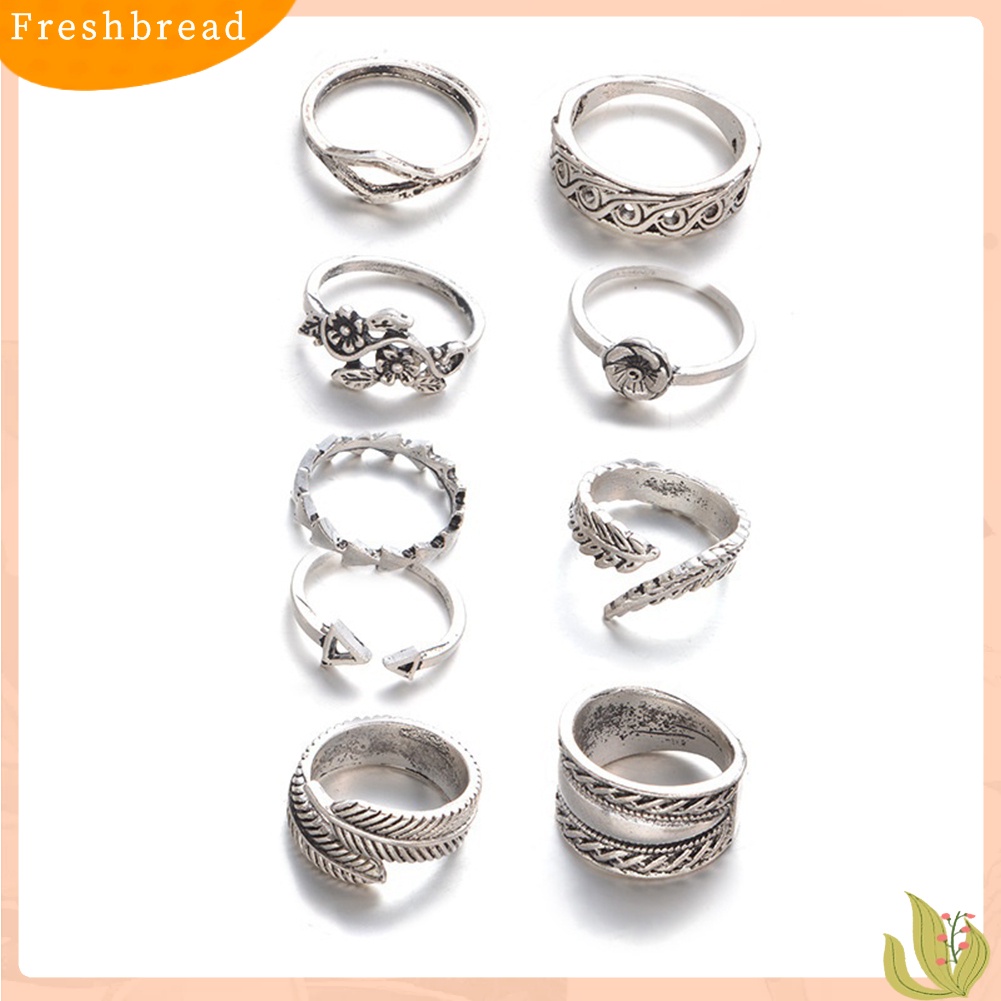 &lt; Freshbread &gt; 9pcs Vintage Wanita Berongga Ukiran Bunga Daun Terbuka Band Buku Jari Cincin Set