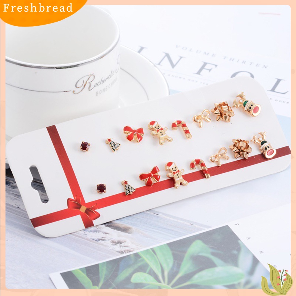 &lt; Freshbread &gt; 8pasang Pohon Natal Elk Snowflake Gingerbread Man Ear Stud Earrings Jewelry