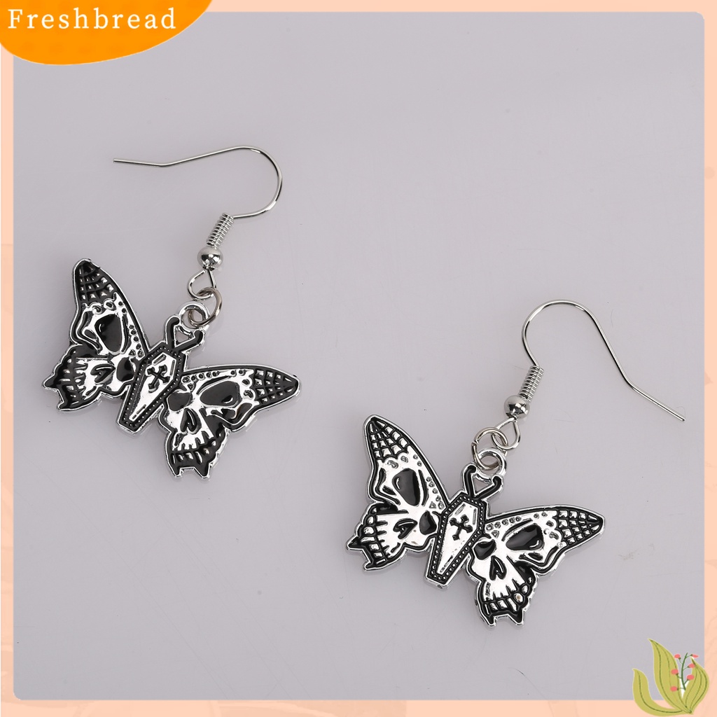 &lt; Freshbread &gt; 1pasang Anting Halloween Warna Kontras Telinga Hias Anti Karat Gaya Gelap Motif Tengkorak Bentuk Kupu-Kupu Anting Kait