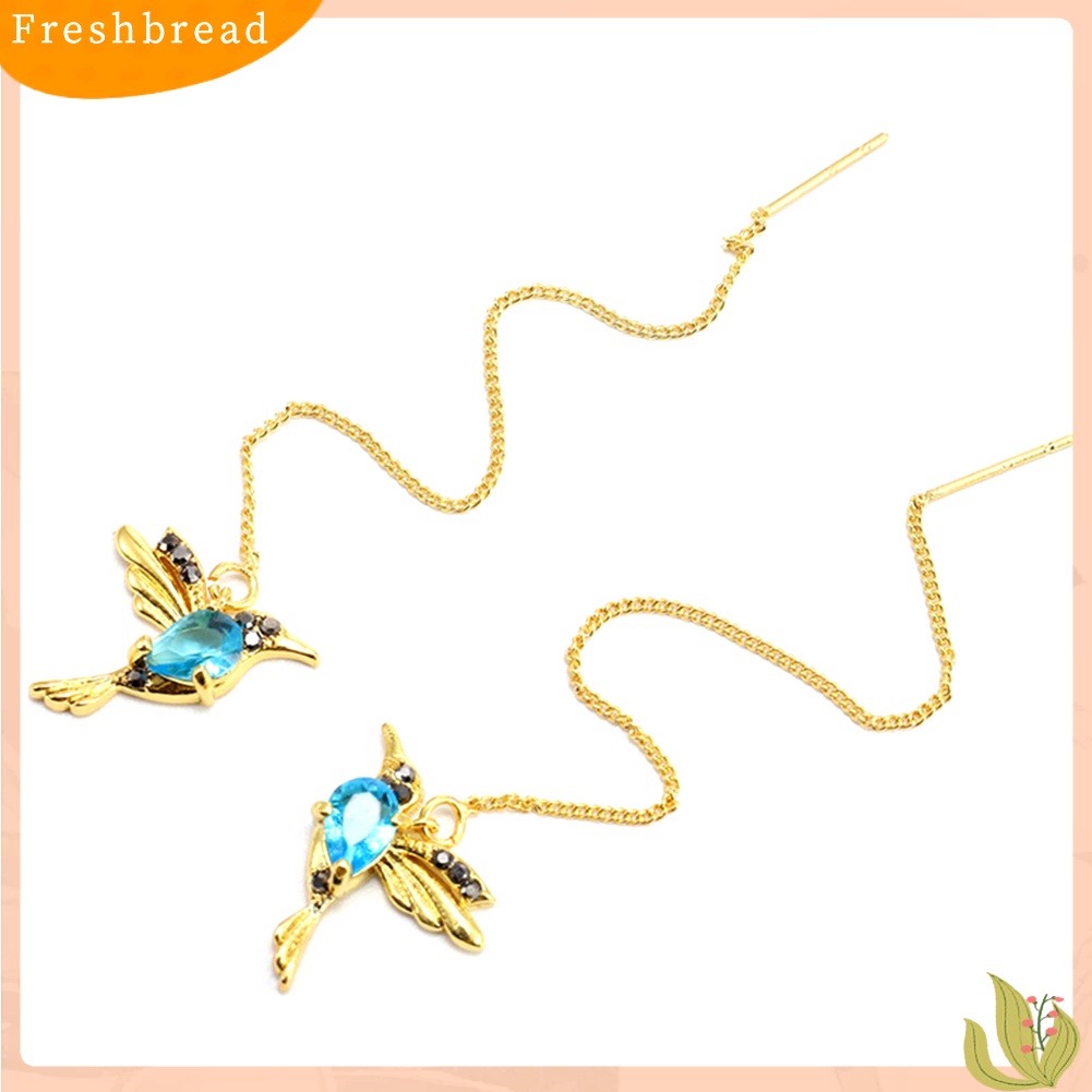 &lt; Freshbread &gt; Wanita Desain Hummingbird Berlian Imitasi Dekorasi Ear Stud Panjang Rumbai Menjuntai Anting