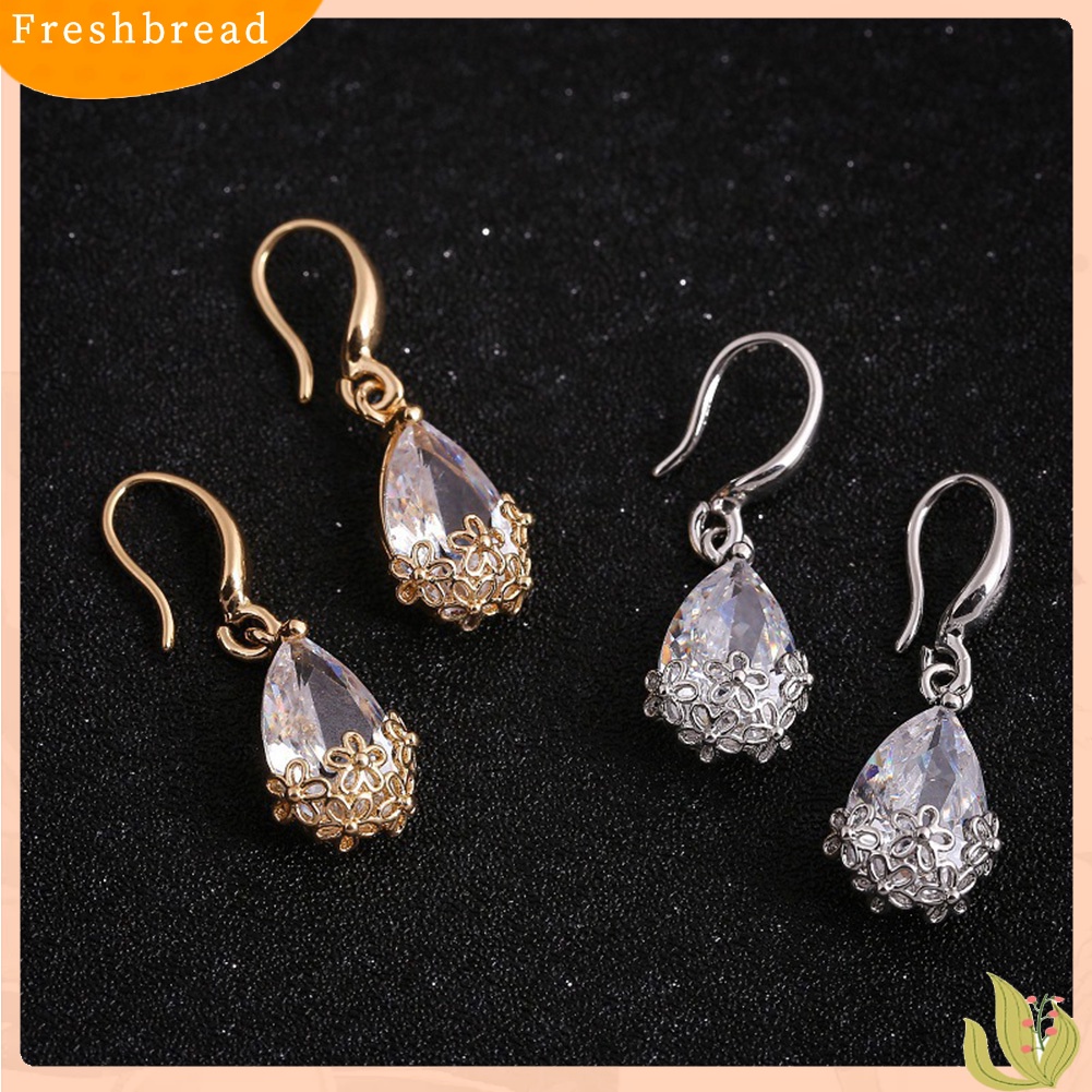 &lt; Freshbread &gt; Elegan Lady Water Drop Cubic Zirconia Bunga Liontin Kait Anting Perhiasan Hadiah