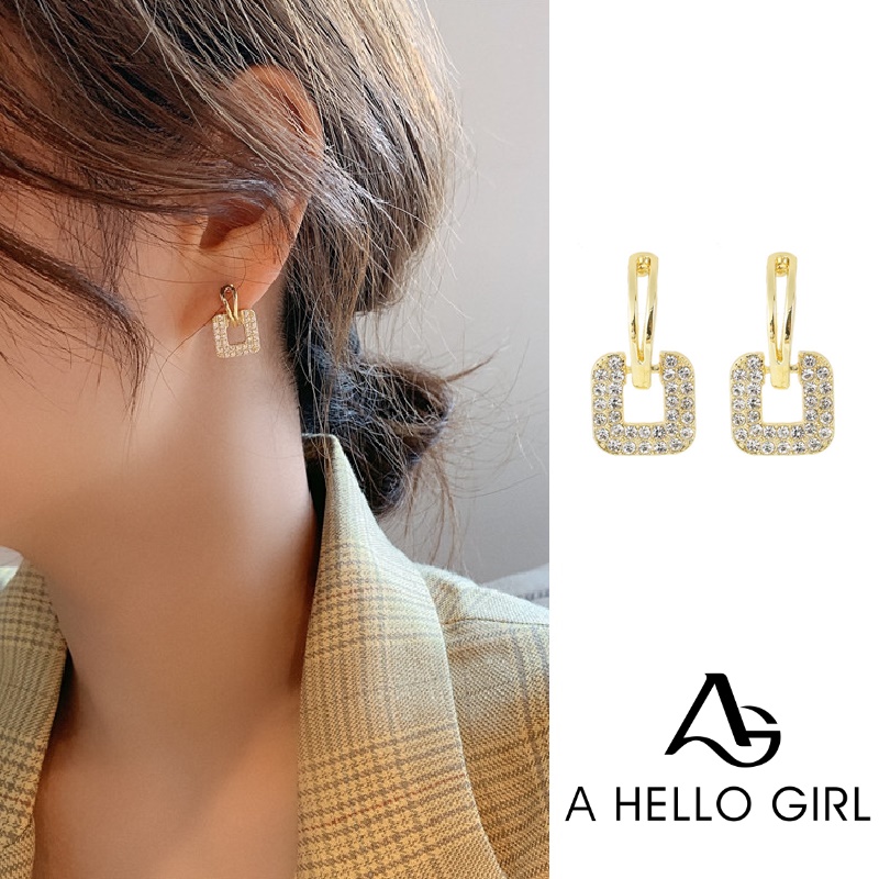 Anting Tusuk Bahan Sterling Silver 925 Desain Persegi Hias Berlian Gaya Korea Untuk Wanita