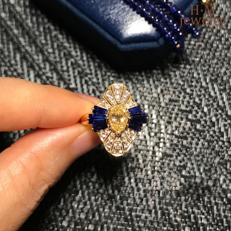 S925 Perak Vintage Bentuk Mata Kuda Kuning AAA Zircon Ring