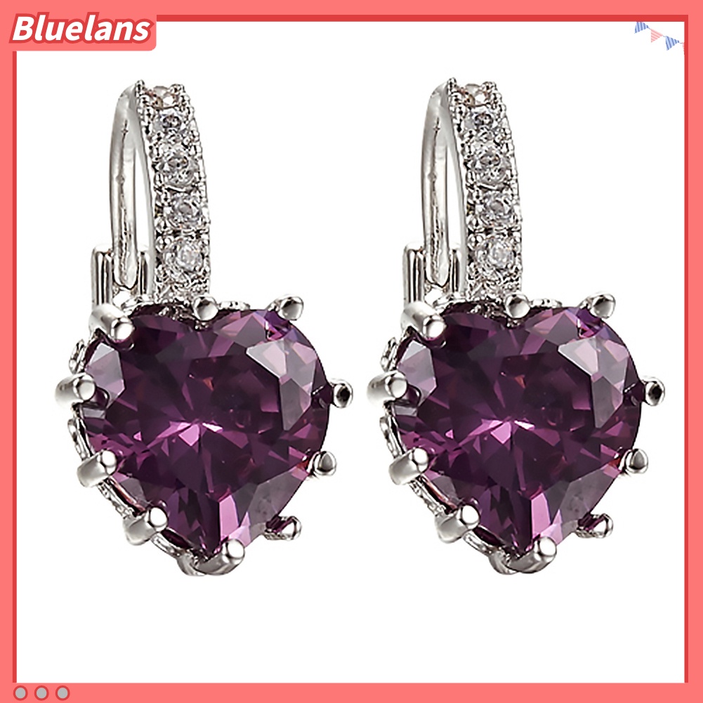 {In Stock} Wanita Elegan Ungu Bentuk Hati Berlian Imitasi Berlapis Emas Leverback Hoop Earrings