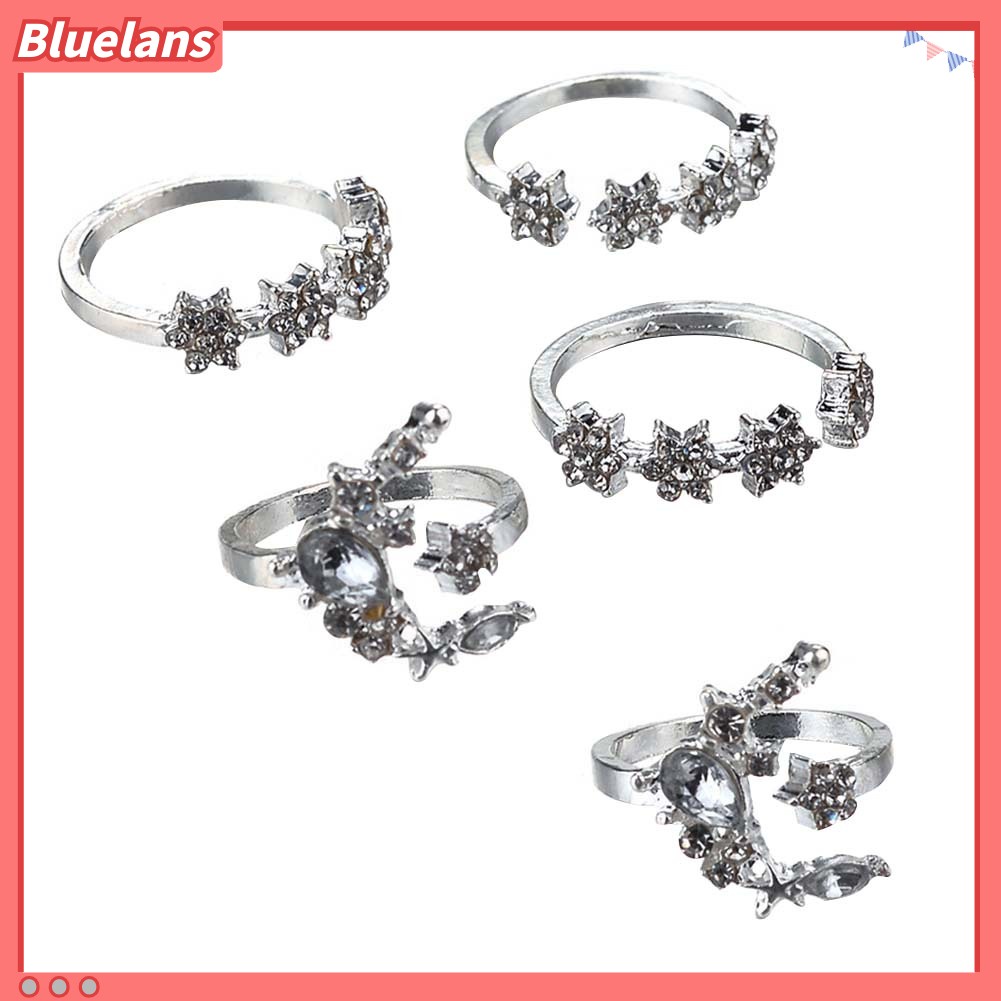 {In Stock} 5Pcs/Set Fashion Wanita Berlian Imitasi Hias Bulan Bintang Bunga Susun Midi Cincin