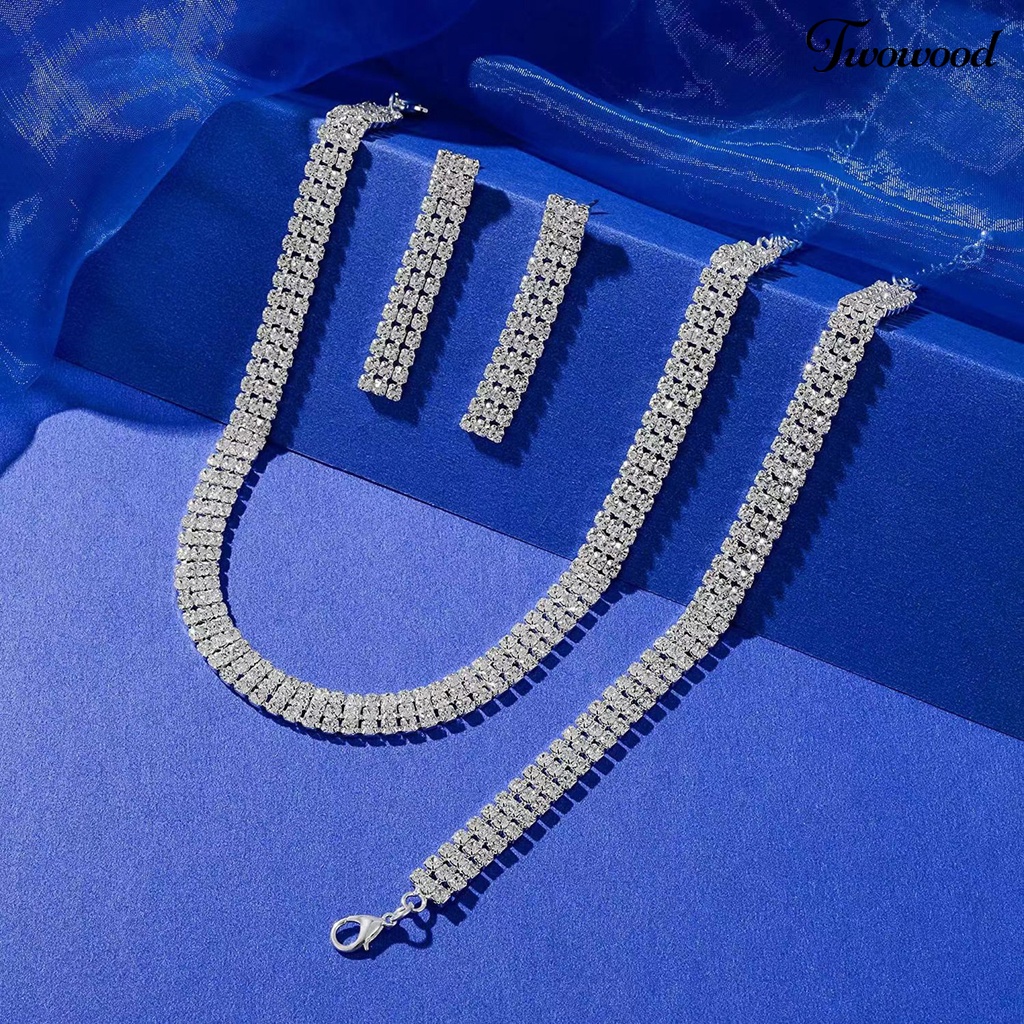 Twowood 1set Wanita Kalung Elegan Cantik Mewah Adjustable Berkilau Berlian Imitasi Menjuntai Anting Gelang Kit Fashion Perhiasan