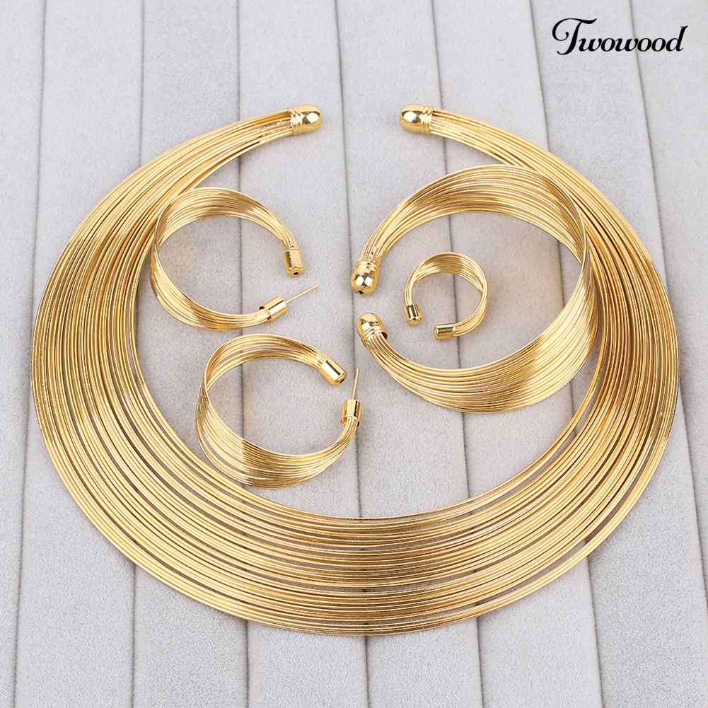 Twowood 4Pcs/Set Exotic Nigeria Bridal Lingkaran Kalung Anting Gelang Cincin Perhiasan