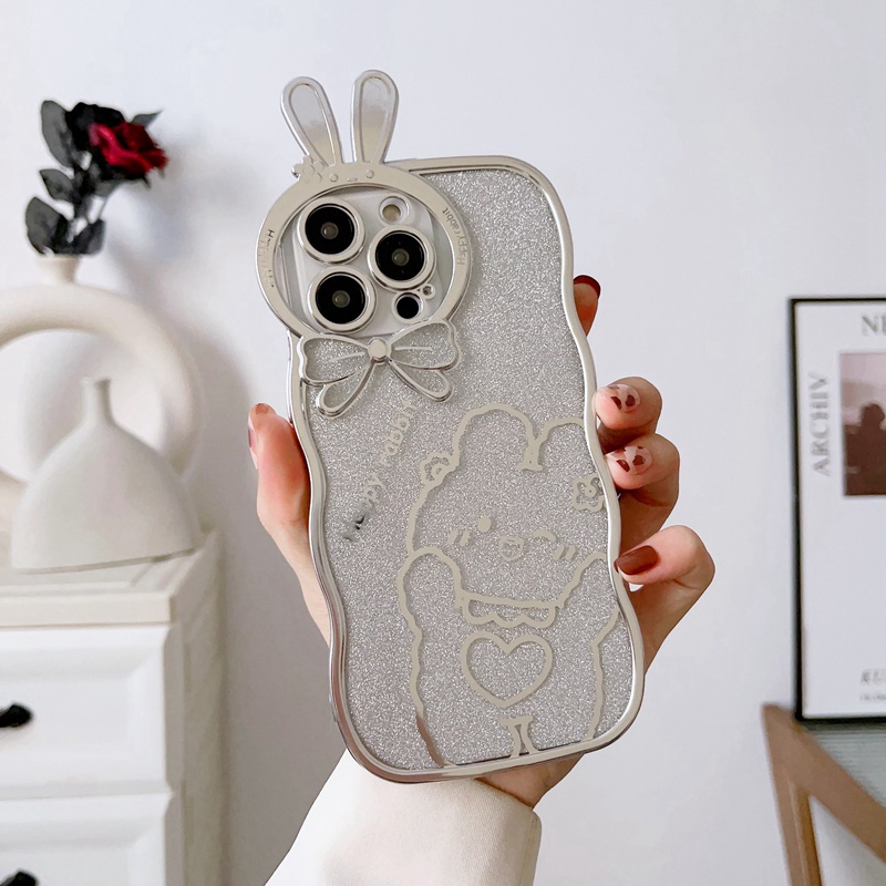 IPHONE Perak Berkilauan Desain Gelombang Besar Electroplating Lembut Silikon Bunny Case hp Untuk Iphone 14Plus Casing Iphone 11 12 13 14 Pro Max Wanita Gadis Hadiah Bumper Cover