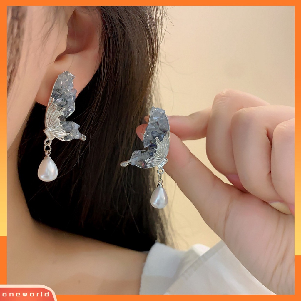 [OWR] 1pasang Drop Earrings Mewah Mutiara Imitasi Peri Elegan Rusak Kristal Imitasi Kupu-Kupu Sayap Stud Earrings Perhiasan Aksesoris