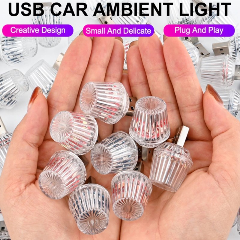 Lampu Malam Suasana LED USB Mini Mobil/Lampu Hias Berlian Flash Warna-Warni Portabel DIY Aksesoris Interior Mobil