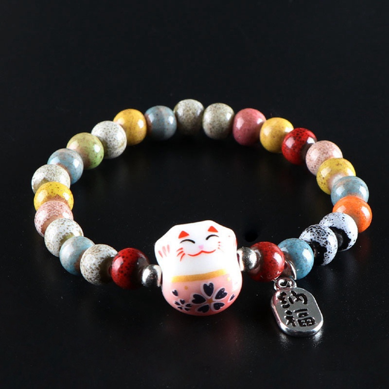 Lucu Kucing Beruntung Gelang Untuk Gadis Adjustable Manik-Manik Warna-Warni Gelang Harajuku Keramik Kucing Liontin Pesona Gelang Perhiasan