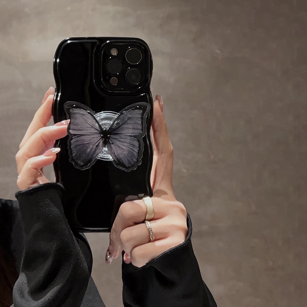 IPHONE Ins Transparan Butterfly Phone Holder Case Hitam Mengkilap Perlindungan Penuh Soft Cover Untuk Iphone11 12 13 14 PLUS PRO MAX
