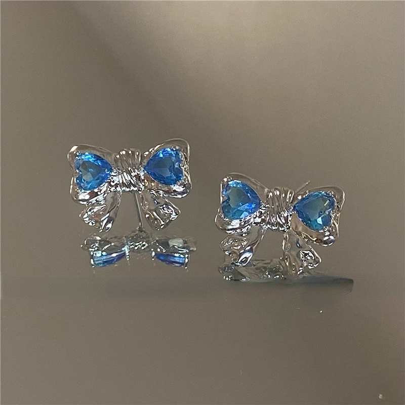 Dreamy Mercury Hati Biru Zirkon S925 Perak Disepuh Stud Earrings Ins Bow Knot Ear Studs