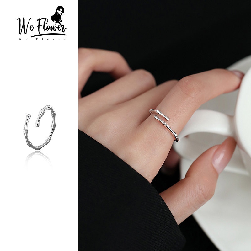 We Flower Glossy S925 Perak Bambu Bersama Terbuka Cincin Untuk Wanita Gadis Minimalis Geometris Rings Adjustable Finger Cuff Perhiasan Aksesoris