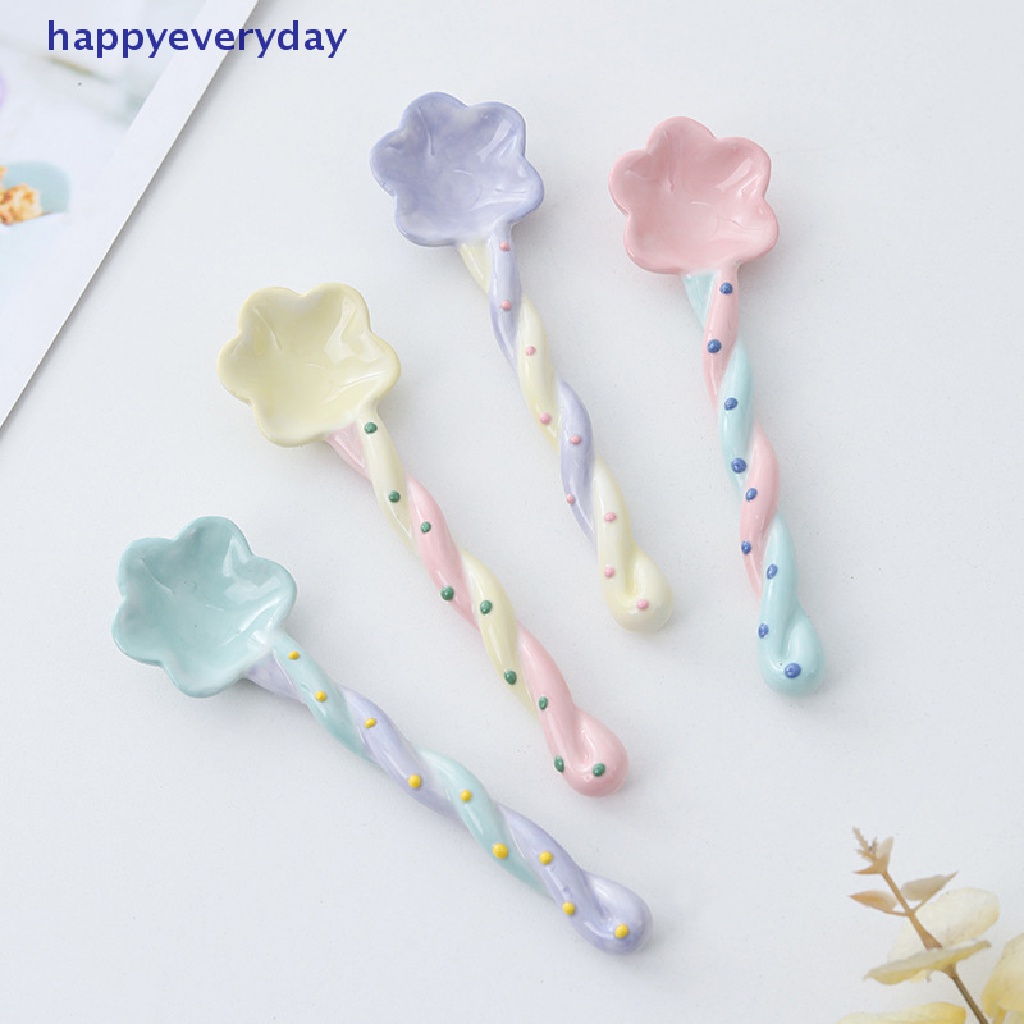 [happy] 1pc Sendok Gagang Panjang Keramik Lucu Es Krim Hand Painted Dessert Spoon [ID]