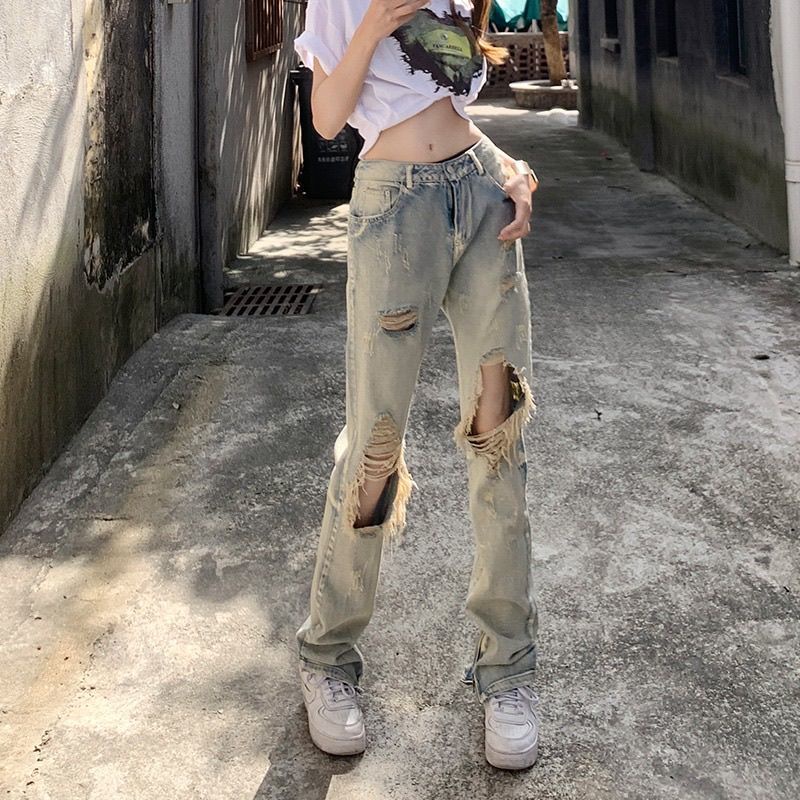 Red New hot girl ripped straight jeans female vibe high waist high street tide ins pengemis kepribadian hiphop fried street